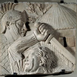 Kunst des antiken Rom: Barbar kämpft gegen einen römischen Legionär. Flachrelief, Anfang des 2. Jahrhunderts nach Christus. Rom, Trajansforum. Paris, Musée du Louvre