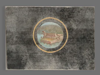 Schwarzgrundiges Freskofragment mit Landschaft im Tondo, 50-79 n. Chr.