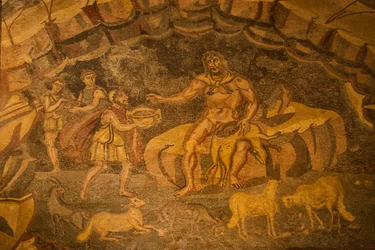 Kyklopen-Bodenmosaik, Villa Romana del Casale, Piazza Armerina, Sizilien, Italien (Foto)
