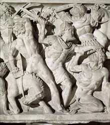 Detail eines Sarkophags, der eine Schlacht zwischen Römern und Galatern darstellt