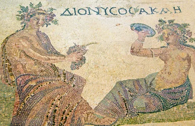 Dionysos berät die Nymphe Akme, Haus des Dionysos, Paphos, Zypern (Mosaik)