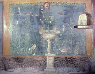 Brunnen, Maske und Vögel, Haus der Venus in der Muschel, Pompeji, Italien (Fresko)
