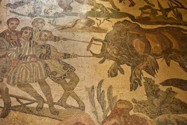 Saal der Großen Jagd, Bodenmosaik mit Jagdszene, Villa Romana del Casale, Piazza Armerina, Sizilien, Italien