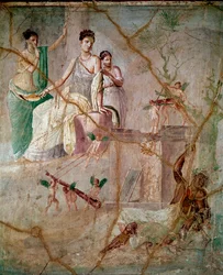 Herakles und Omphale, römisches Fresko des 3. pompejanischen Stils aus Pompeji, 40-60 n. Chr., Maße 88 x 103 cm, aufbewahrt im Archäologischen Nationalmuseum Neapel, Italien