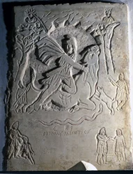 Relief, das die iranische Gottheit Mithra (oder Mitra) zeigt, wie sie den Stier schlachtet, ein mit ihr verbundenes Tier. 4. Jahrhundert. Palazzo dei Conservatori, Rom.
