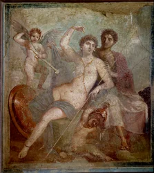 Darstellung von Ares und Aphrodite, begleitet von Liebesgöttern, die mit den Waffen des Gottes spielen. Fresko aus der Villa von Mars und Venus in Pompeji. 1. Jahrhundert n. Chr. Archäologisches Museum von Neapel