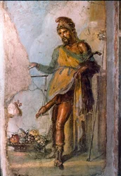 Darstellung der griechischen Gottheit Priapus, Gott der Fruchtbarkeit, mit riesigem ständig erigiertem Penis. Detail eines Freskos aus Pompeji. Casa dei Vettii. 1. Jahrhundert n. Chr.