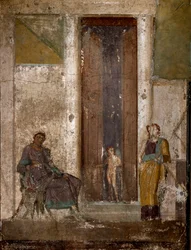 Römische Kunst: „Eros überredet Helena, Paris zu lieben“. Fresko aus Pompeji. 1. Jahrhundert. Neapel, Museo Archeologico Nazionale