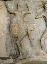 Römische Kunst: Herkules und der dreiköpfige Riese Geryon (ein Episode der zwölf Arbeiten des Herkules)