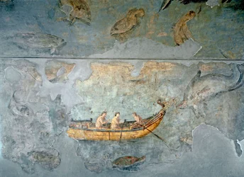 Römische Kunst: „Fischer auf einem Boot“. Fresko aus einem Haus nahe einem Flusshafen Roms. 131 n. Chr. Rom, Museo Nazionale Romano (oder delle Terme)