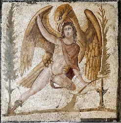 Römische Kunst: „Ganymed wird von einem Adler entführt“. Mosaik aus einer Villa der Familie Kaiser Septimius Severus. Ende des 2. Jahrhunderts n. Chr. Rom, Museo Nazionale Romano
