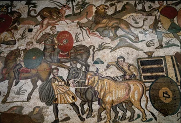 Römische Kunst: Detail des Mosaiks „Die große Jagd“ (315-350 n. Chr.)