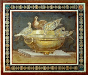 Römische Kunst: Vier Tauben trinken an einem Brunnen. Mosaik aus der Villa Adriana in Tivoli. 2. Jahrhundert n. Chr.