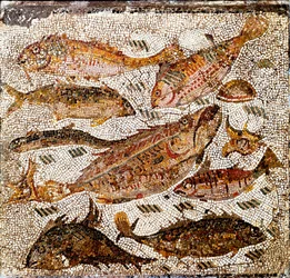 Römische Kunst: Mosaik mit der Darstellung von Fischen. 1. oder 2. Jahrhundert n. Chr. Aus der Villa dei Settimii an der Via Cassia. Rom, Museo Nazionale Romano