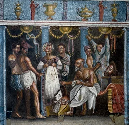 Römische Kunst: Vorbereitungen für ein satirisches Drama. Mosaik. 70 n. Chr. Aus Pompeji, Casa del Poeta Tragico. Maße: 58x59 cm. Neapel, Museo Archeologico Nazionale
