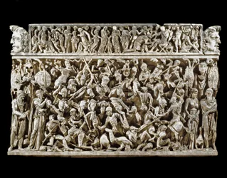 Römische Kunst: Szene von Schlachten zwischen römischen Kriegern und Barbaren während der Markomannenkriege. Relief des sogenannten Portonaccio-Sarkophags eines Generals von Marc Aurel. 180-190. Rom, Museo Nazionale Romano (o delle Terme)
