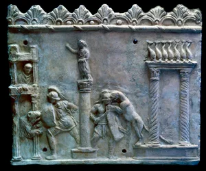 Römische Kunst: Szene eines Gladiatorenkampfes gegen Tiere (Venatio). 1. Jahrhundert v. Chr. Genf, Museum für Kunst und Geschichte