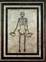 Römische Kunst: Skelett mit zwei Krügen. Mosaik aus dem 1. Jahrhundert aus Pompeji. Archäologisches Nationalmuseum, Neapel, Italien