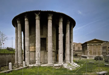 Römische Kunst: Ansicht des Tempels des Hercules Victor im Boarium-Forum (Foro Boario) 213 v. Chr. Rom, Italien