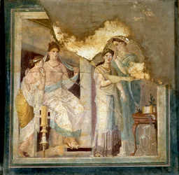 Toilettenszene und Kleidung einer Dame: Sklavinnen frisieren ein Mädchen. Aus Herculaneum