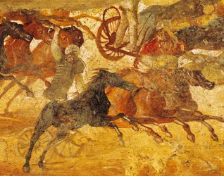 Detail aus Fresko, das ein Wagenrennen darstellt, aus Pompeji, Italien