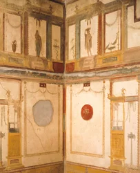 Detail der Fresken, die den Raum schmücken, Haus der Vettii, Pompeji, Kampanien, Römische Zivilisation