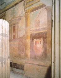 Detail der Fresken in der Halle des Tricliniums, Haus des Labyrinths, Pompeji, Kampanien, Römische Zivilisation