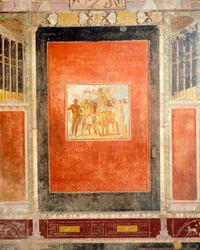 Freskodekoration des Tablino-Saals, Haus von Marcus Lucretius Fronto, Pompeji, Kampanien, Römische Zivilisation
