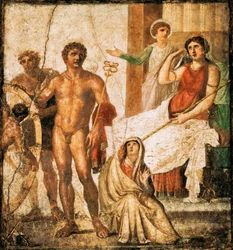 Fresko, das die Folterung von Issone darstellt, aus dem Haus der Vettii, Pompeji, Kampanien