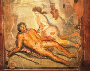 Fresko mit der Darstellung des Mythos von Pyramus und Thisbe, Haus des Loreius Tiburtinus, Pompeji, Kampanien, römische Zivilisation