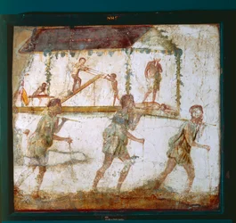 Fresko, das eine Prozession von Zimmerleuten darstellt, Zimmermannswerkstatt in Pompeji