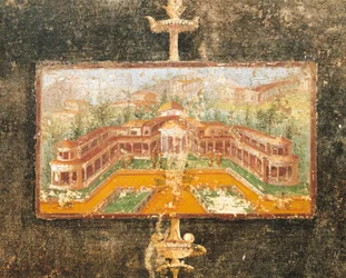 Landschaft und Architektur in Wandmalerei im Tablinum, Haus des Marcus Lucretius Fronto, Pompeji, Kampanien, römische Zivilisation