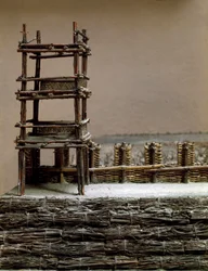 Modell, das die Belagerung und die Schlacht von Alesia im September 52 v. Chr. durch Julius Caesar darstellt, die die Niederlage von Vercingetorix sah. Detail, das das von Caesar gebaute Verteidigungssystem darstellt. Rom, Museo della Civilta Romana