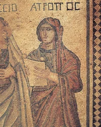 Mosaik, das eine junge Frau beim Lesen darstellt, Das Haus des Theseus, Römische Villa, Paphos, Zypern