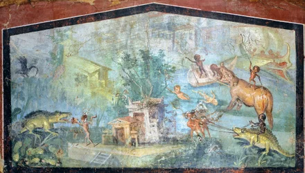 Malerei auf Putz, die eine nilotische Szene mit Pygmäen zeigt, die Krokodile und Nilpferde angreifen, 75x127 cm, aus Pompeji (UNESCO-Welterbeliste)
