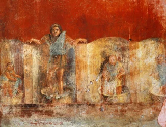 Säulenfresko, das die Wollherstellung darstellt, aus Pompeji, Fullonica von Veranio Ipseo