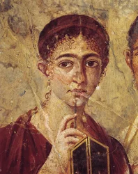 Porträt des Bäckers Terentius Neo und seiner Frau in formeller Kleidung, Detail der Frau mit ihrem Stylus und Diptychon, offen aus Italien, Kampanien, Pompeji, 55-79 n. Chr., Malerei auf Putz