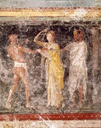 Römische Kunst: Kampfszene zwischen einem Mann und einer Frau vom Fries des Raumes C, Villa Farnesina, Rom, Museo Nazionale Romano
