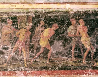 Römische Kunst: Sklaven, Detail des Freskos am Fries von Raum C, Villa Farnesina, Rom, Museo Nazionale Romano