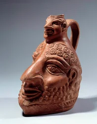 Römische Kunst: Terrakottavase in Form eines Doppelkopfes