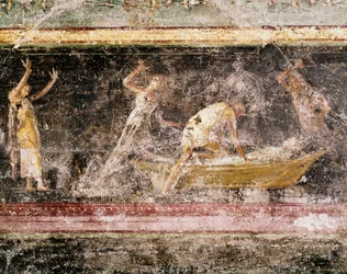 Römische Kunst: Das Urteil des Bakenranef (Bocchoris), König von Ägypten - Detail des Freskos am Fries von Raum C, Villa Farnesina (Römische Kunst: Urteil des Königs Bocchoris, aus dem Fries von Raum C, Villa Farnesina), Rom, Museo Nazionale Romano