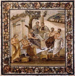 Die Akademie von Platon: Der Philosoph, der in der Mitte sitzt, lehrt eine Gruppe von Schülern der Akademie von Athen (von ihm selbst 378 v. Chr. gegründet) - Mosaik gefunden in Boscotrecase, jetzt ausgestellt im Nationalmuseum, Neapel