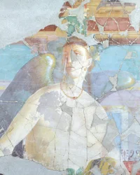 Geflügelte Frau, Detail des Freskos im Haus des Fabius Rufus, Pompeji, Kampanien, römische Zivilisation