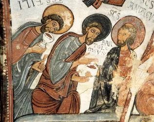 Romanische Kunst: Die Apostel Philippus, Bartholomäus und Andreas Fresko des Abendmahls, Kirche von St. Isidor 12. Jahrhundert Real Colegiata von San Isidoro, Leon