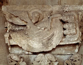 Die Heiligen Drei Könige schlafen, ein Engel weckt sie und zeigt auf den Stern von Bethlehem (geschnitztes Kapitel)