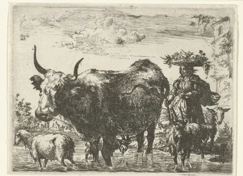 Hirtin mit Korb auf dem Kopf, eine Kuh, zwei Ziegen und zwei Schafe im Wasser