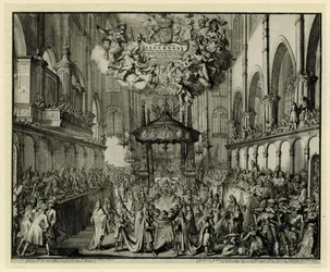 Chor der Westminster Abbey mit der Trauerfeier für die Königin, 1695
