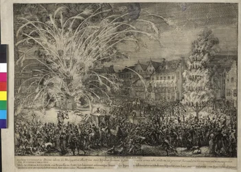 Nächtliches Feuerwerk auf der Rue des Sablons in Brüssel 1686