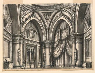 Bühnenbild, Innenraum einer hochgotischen Halle mit Spitzbögen