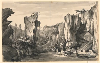 Bühnenbild, felsiges Tal mit Gebäuden